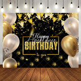 Aperturee - Aperturee Black Gold Balloons Ribbons Happy Birthday Backdrop